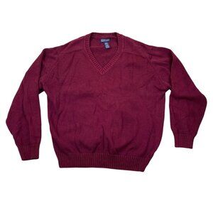 Lands' End Men's Sweater Large V-Neck Knit Pullover Classic Burgundy Casual